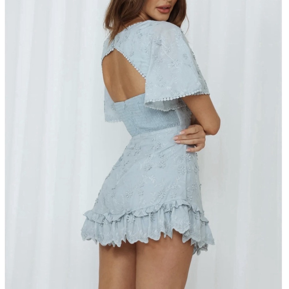 NWT Hello Molly Mini Romper Light Blue Shabby Chic Open Back Flare Sleeve Sz M 6